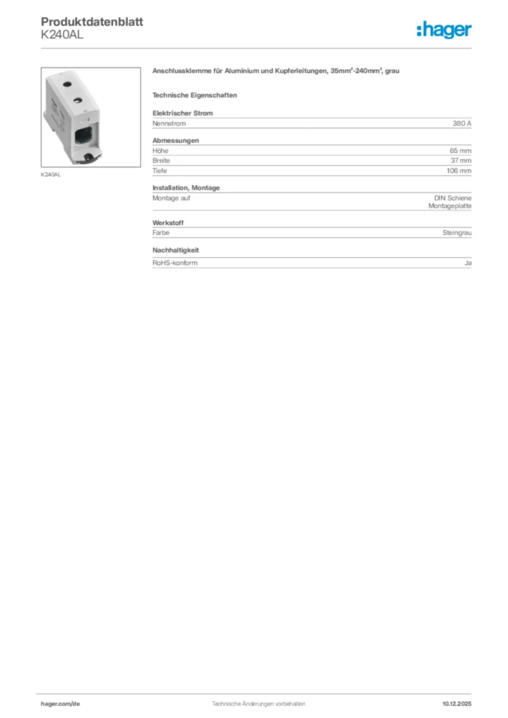 Bild Hager Produktdatenblatt K240AL | Hager Deutschland