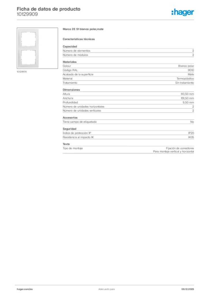 Imagen Hager Ficha de datos de producto 10129909 | Hager España
