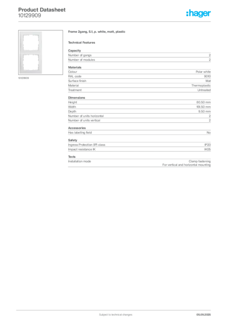 Image Hager Product data sheet 10129909  | Hager