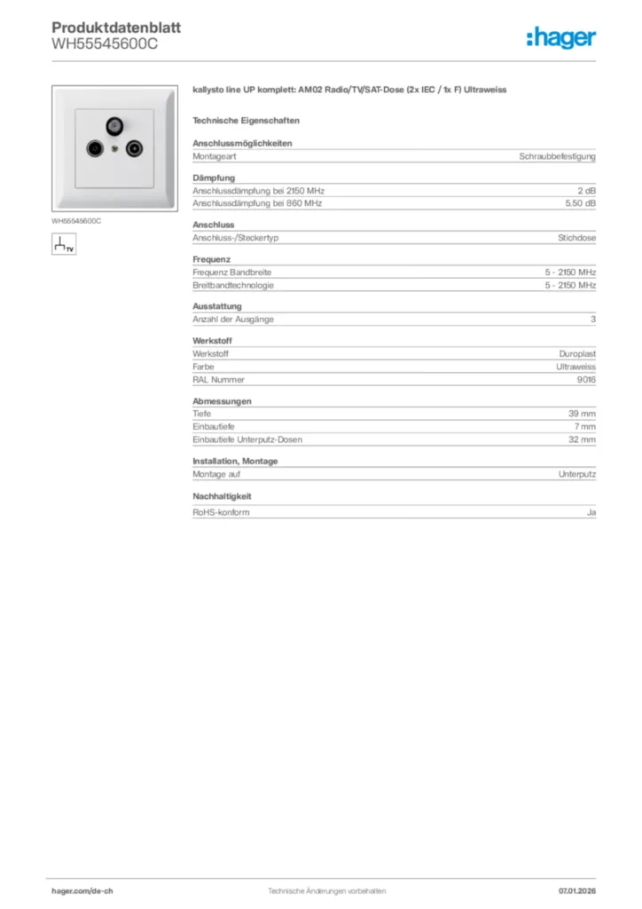 Bild Hager Produktdatenblatt WH55545600C | Hager Schweiz
