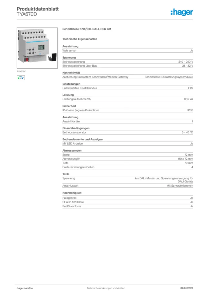 Bild Hager Produktdatenblatt TYA670D | Hager Deutschland