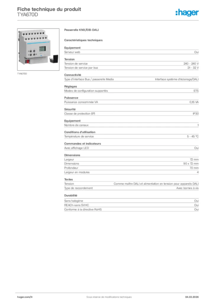 Image Hager Fiche technique du produit TYA670D | Hager France