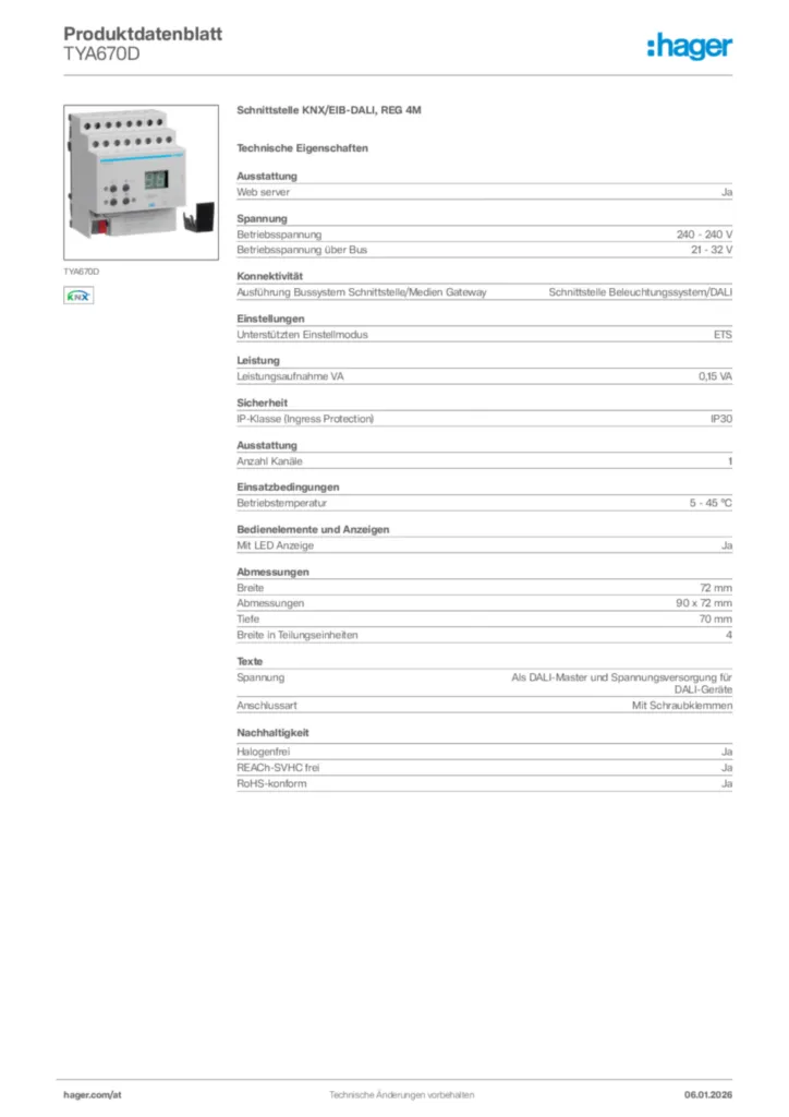 Bild Hager Produktdatenblatt TYA670D | Hager Deutschland