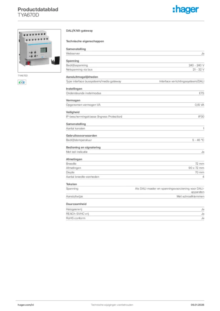 Afbeelding Hager Productdatablad TYA670D | Hager Nederland