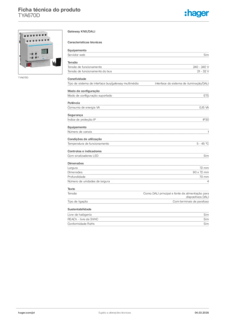 Imagem Hager Ficha técnica do produto TYA670D | Hager Portugal