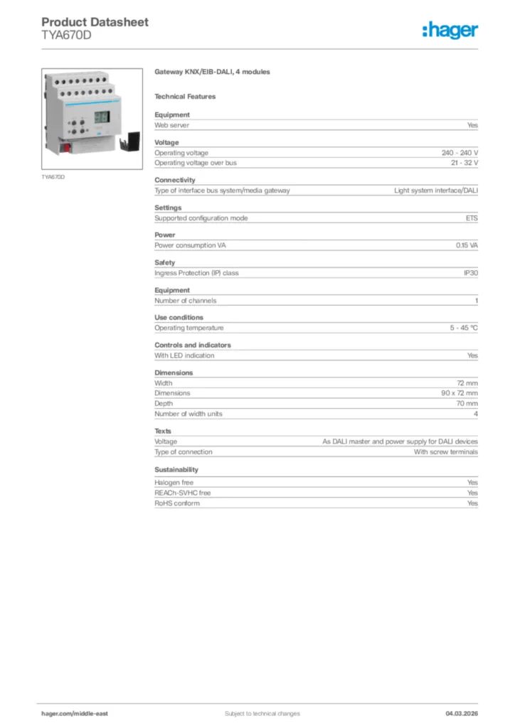Image Hager Product data sheet TYA670D  | Hager