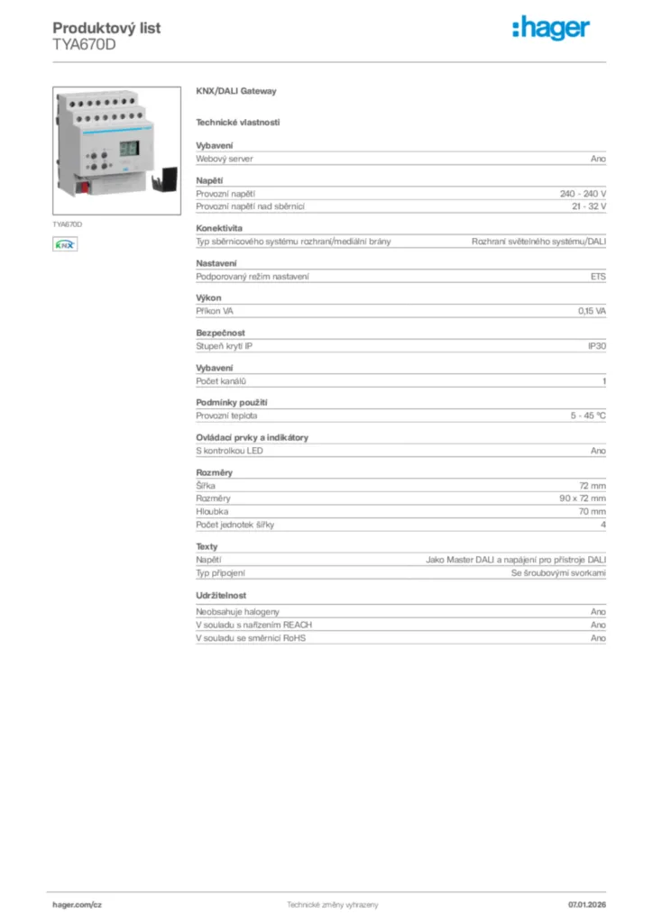 Obrázek Hager Produktový list TYA670D | Hager