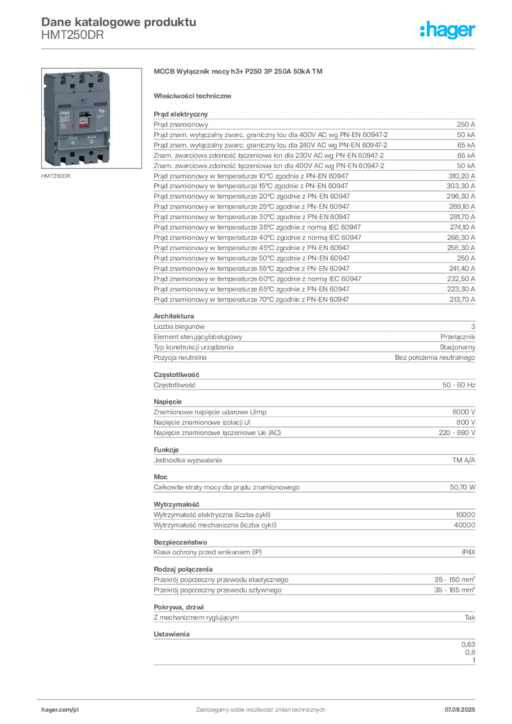 Zdjęcie Hager Dane katalogowe produktu HMT250DR | Hager Polska