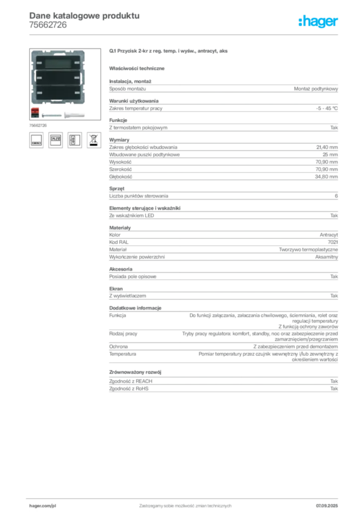 Zdjęcie Hager Dane katalogowe produktu 75662726 | Hager Polska