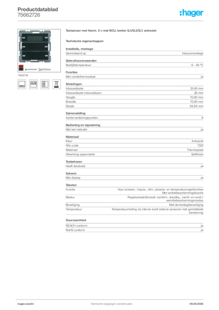 Afbeelding Hager Productdatablad 75662726 | Hager Nederland