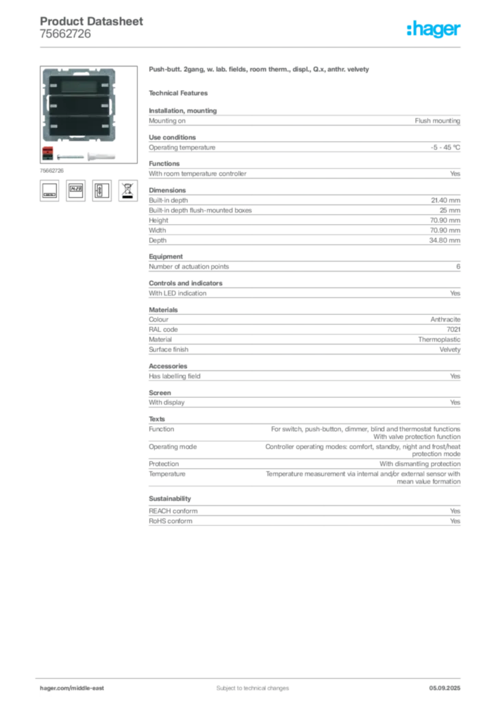 Image Hager Product data sheet 75662726  | Hager