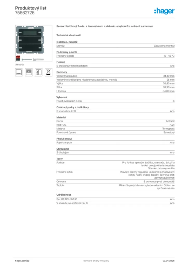 Obrázek Hager Product data sheet 75662726 | Hager