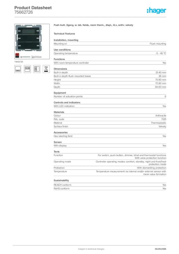 Image Hager Product data sheet 75662726  | Hager