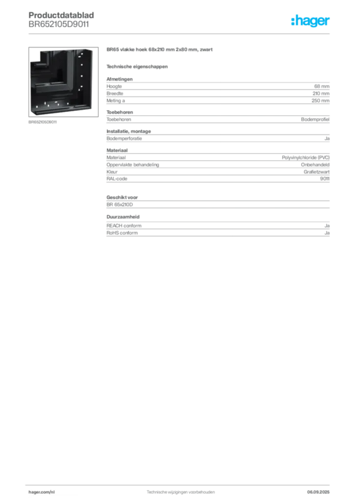 Afbeelding Hager Productdatablad BR652105D9011 | Hager Nederland