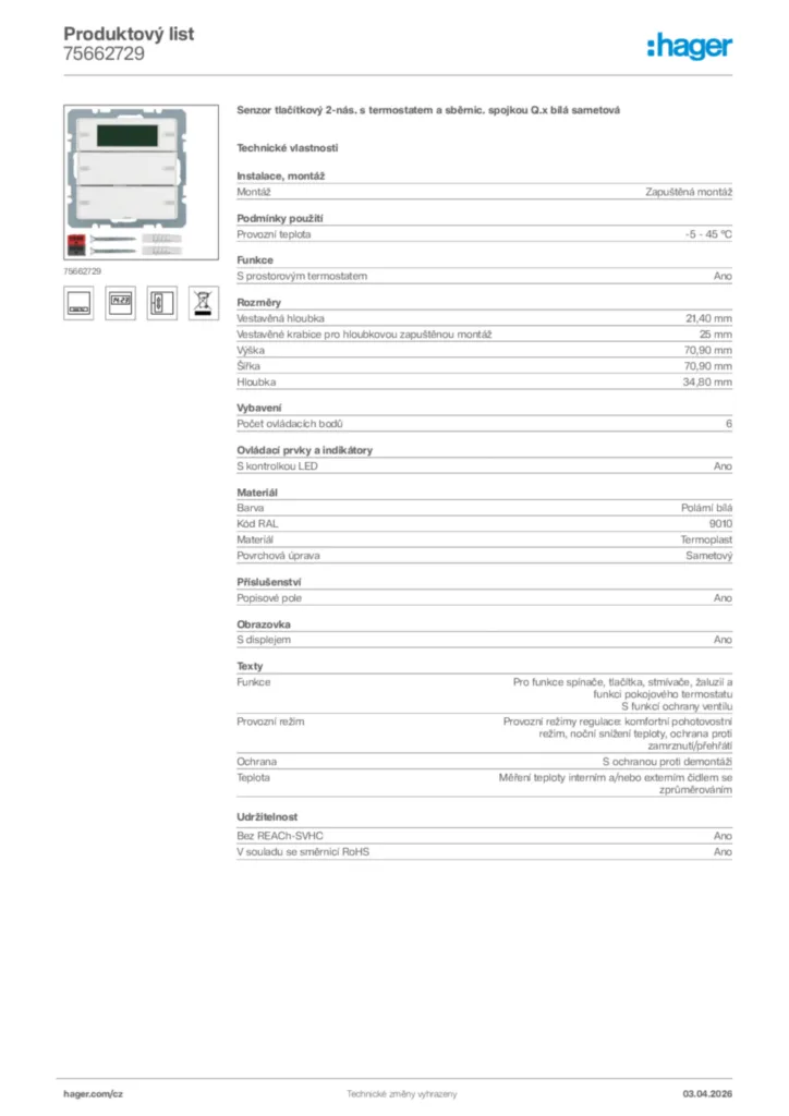 Obrázek Hager Product data sheet 75662729 | Hager