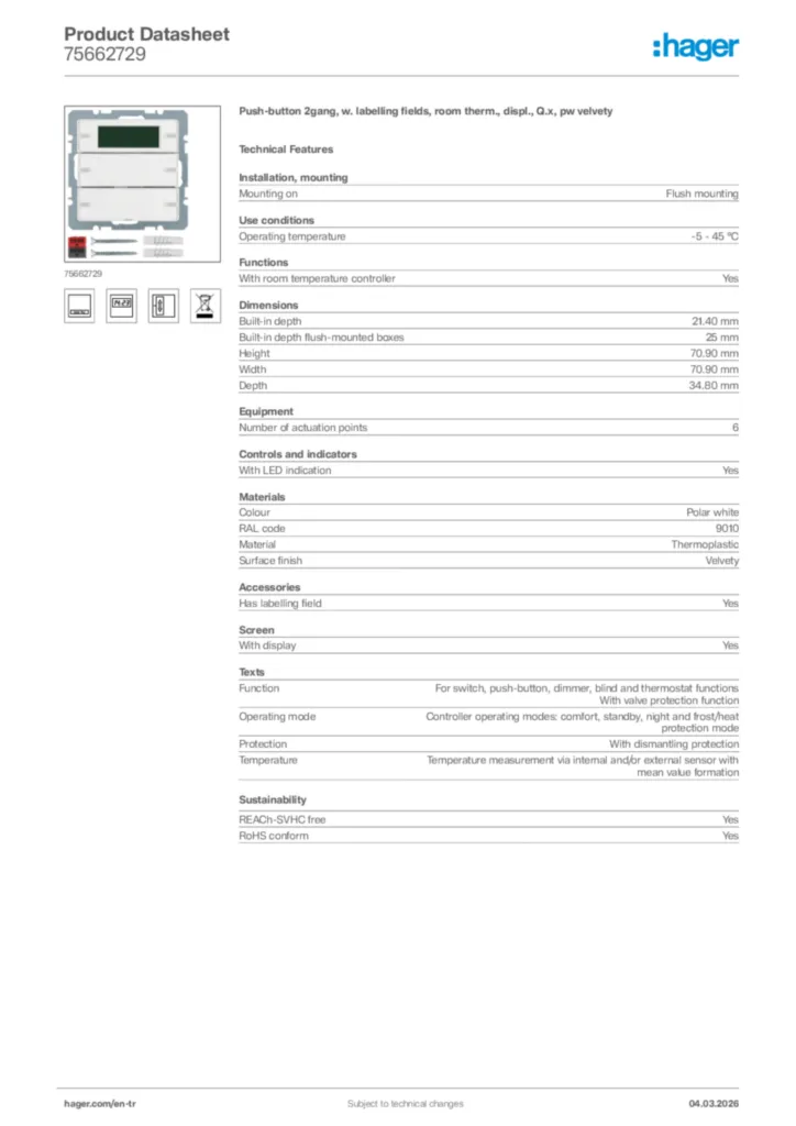 Image Hager Product data sheet 75662729  | Hager