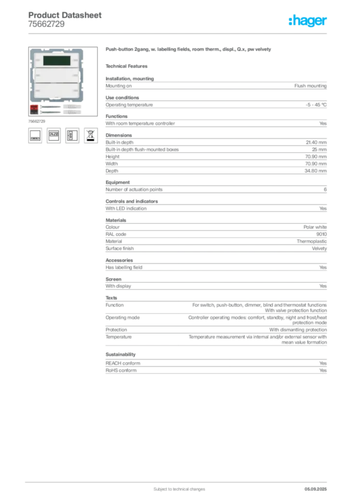 Image Hager Product data sheet 75662729  | Hager