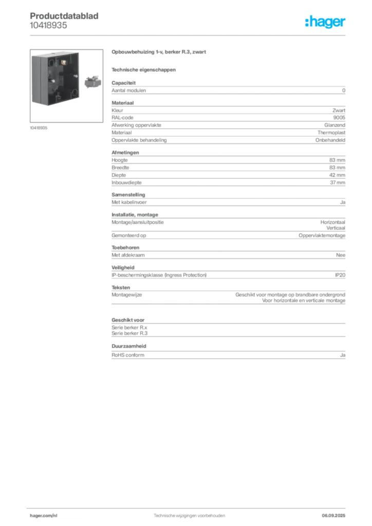 Afbeelding Hager Productdatablad 10418935 | Hager Nederland