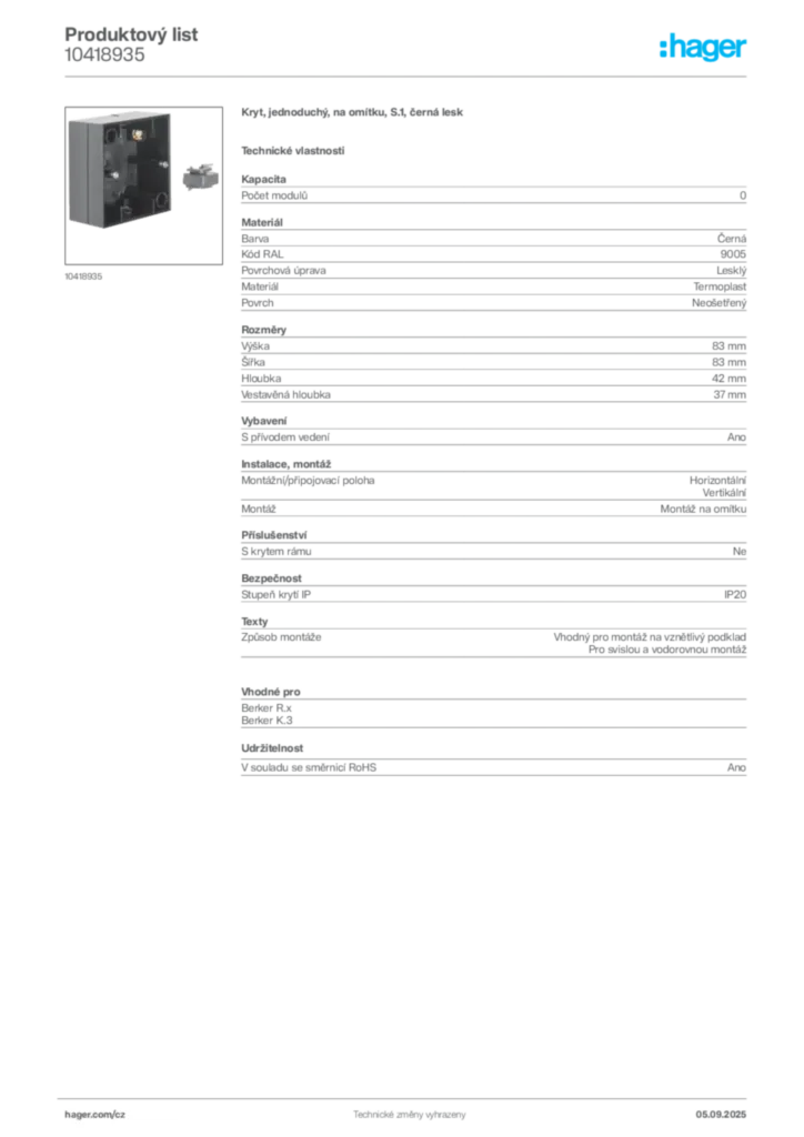 Obrázek Hager Produktový list 10418935 | Hager