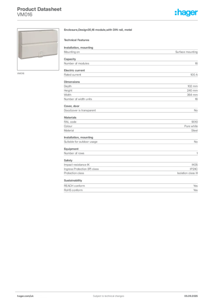 Image Hager Product data sheet VM016  | Hager