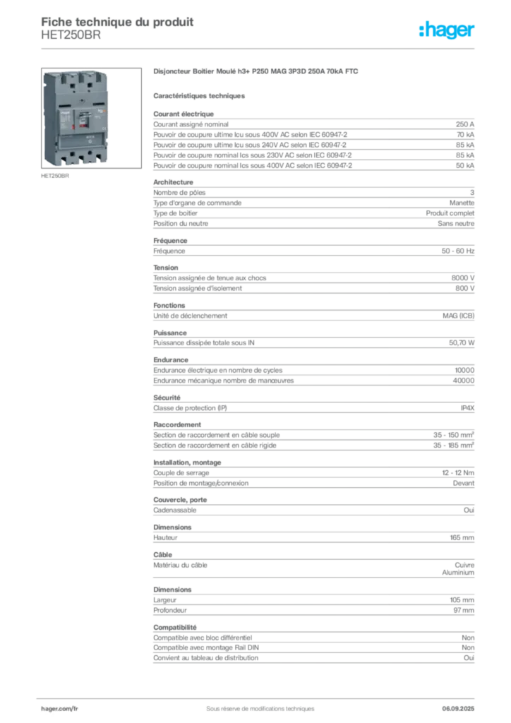 Image Hager Fiche technique du produit HET250BR | Hager France