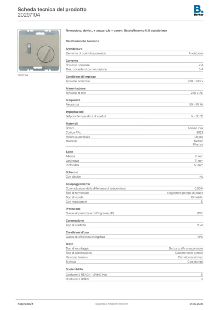 Immagine Berker Scheda tecnica del prodotto 20297104 | Hager Italia