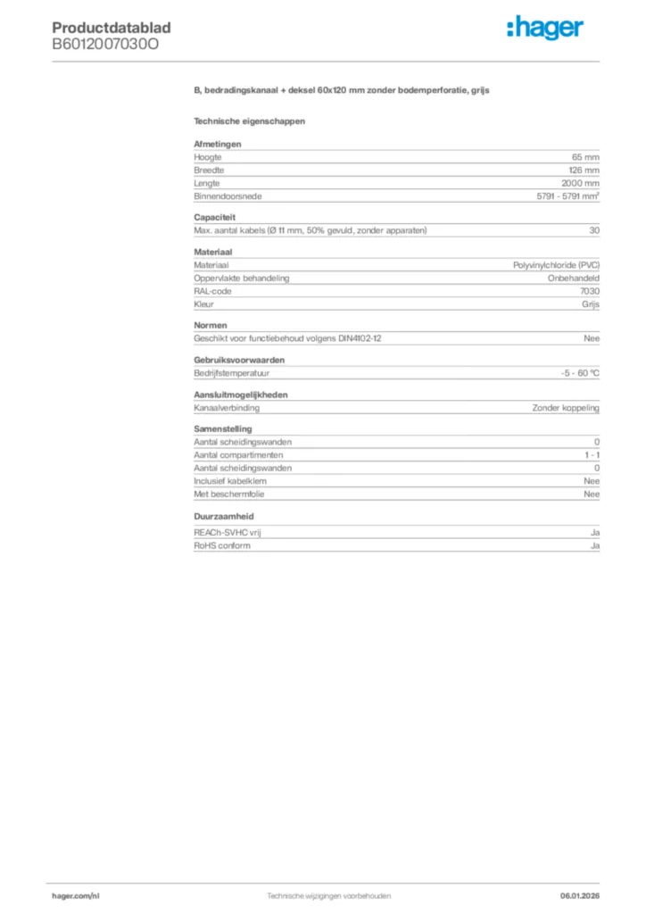 Afbeelding Hager Productdatablad B6012007030O | Hager Nederland