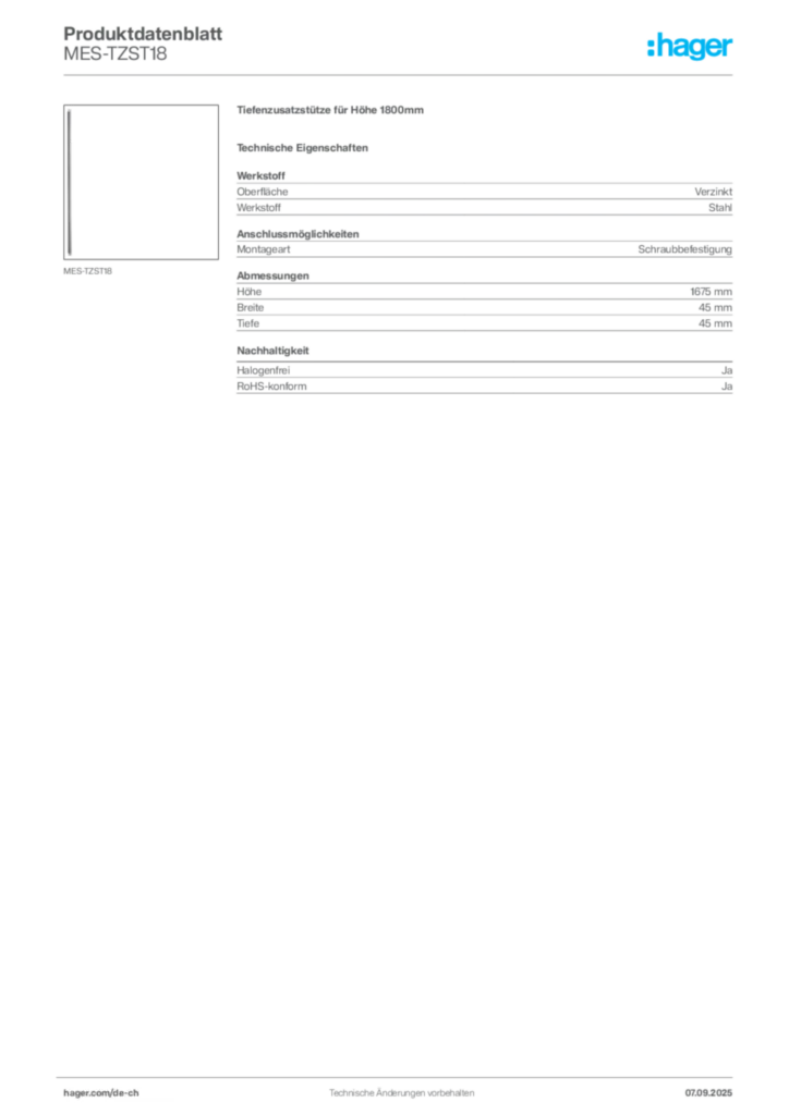 Bild Hager Produktdatenblatt MES-TZST18 | Hager Schweiz