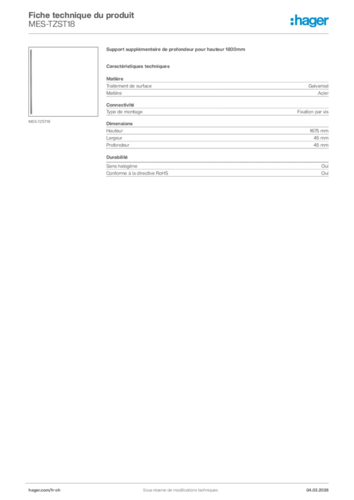 Image Hager Fiche technique du produit MES-TZST18 | Hager Suisse