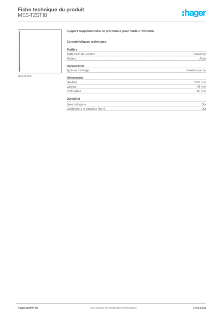 Image Hager Fiche technique du produit MES-TZST18 | Hager Suisse