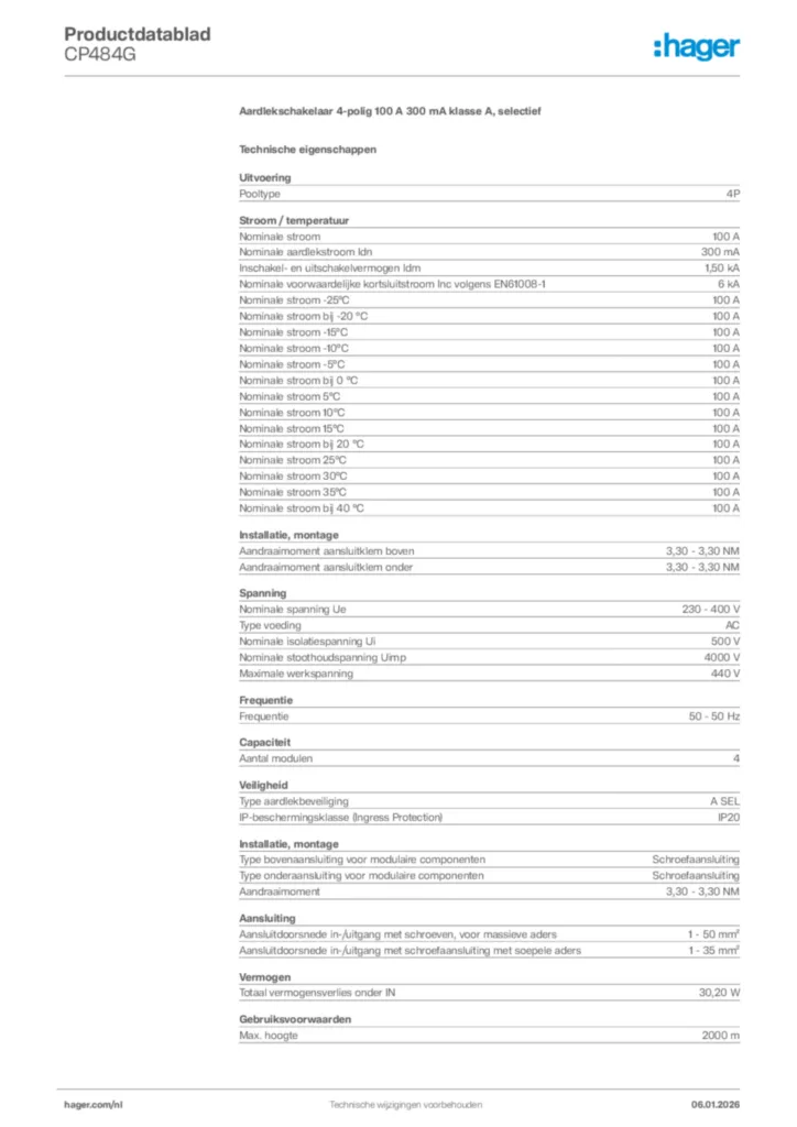 Afbeelding Hager Productdatablad CP484G | Hager Nederland