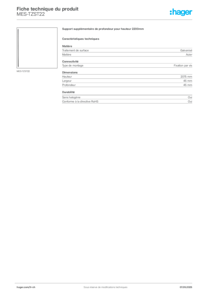 Image Hager Fiche technique du produit MES-TZST22 | Hager Suisse