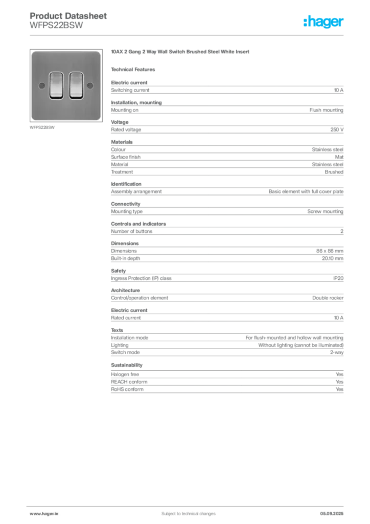 Image Hager Product data sheet WFPS22BSW  | Hager