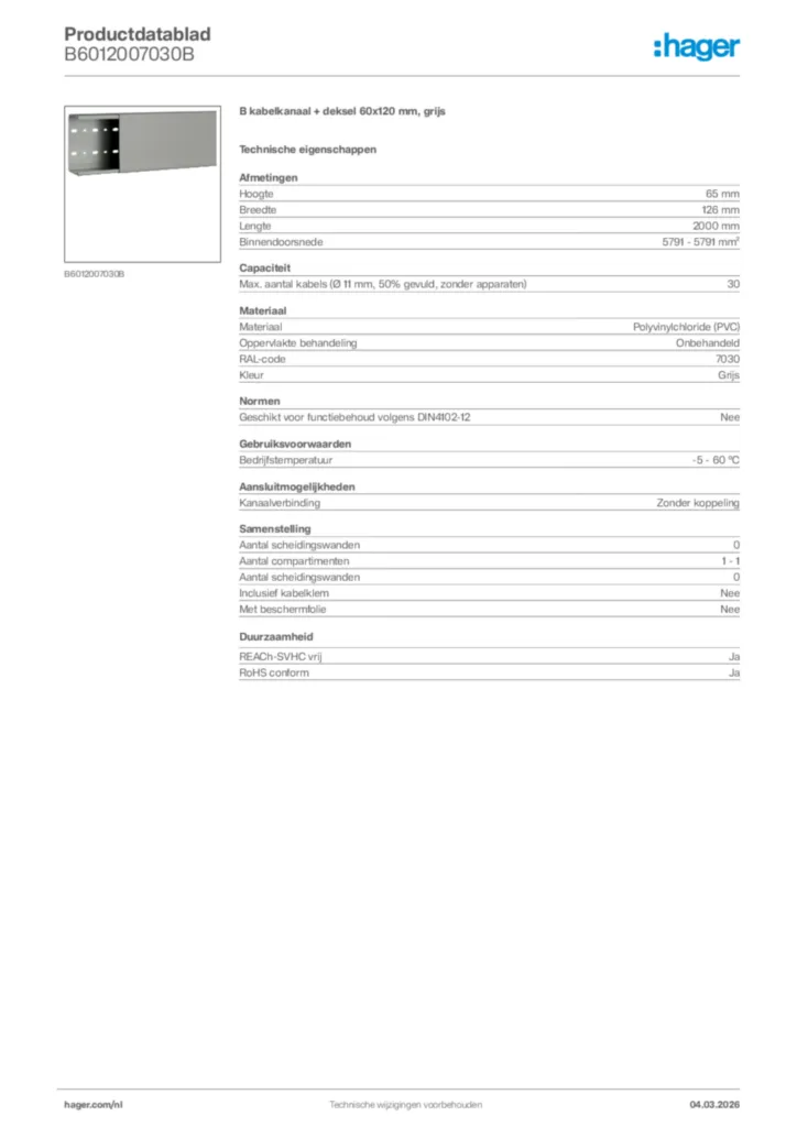 Afbeelding Hager Productdatablad B6012007030B | Hager Nederland