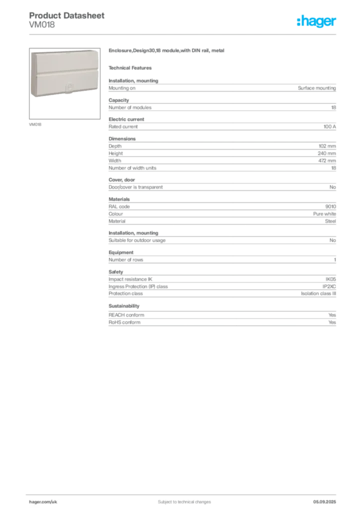 Image Hager Product data sheet VM018  | Hager