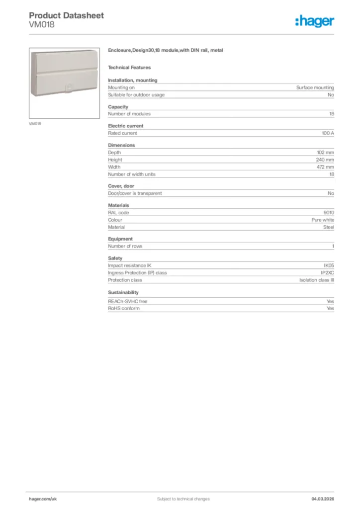 Image Hager Product data sheet VM018  | Hager