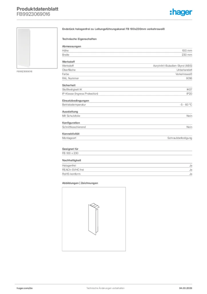 Bild Hager Produktdatenblatt FB9923069016 | Hager Deutschland