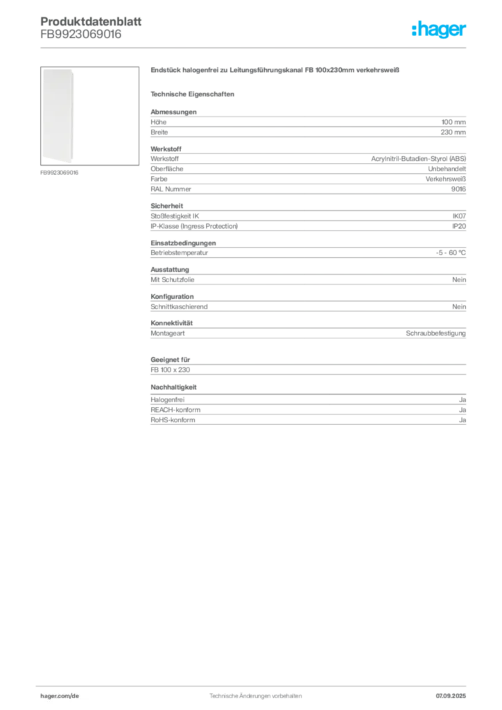 Bild Hager Produktdatenblatt FB9923069016 | Hager Deutschland