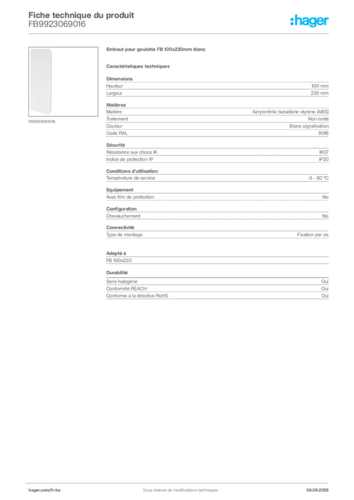 Image Hager Fiche technique du produit FB9923069016 | Hager Belgique