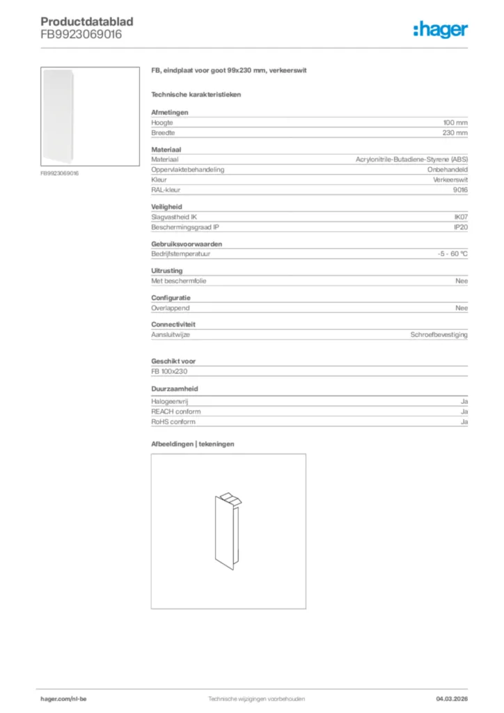 Afbeelding Hager Productdatablad FB9923069016 | Hager Belgium