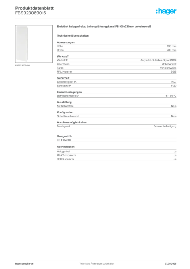 Bild Hager Produktdatenblatt FB9923069016 | Hager Schweiz