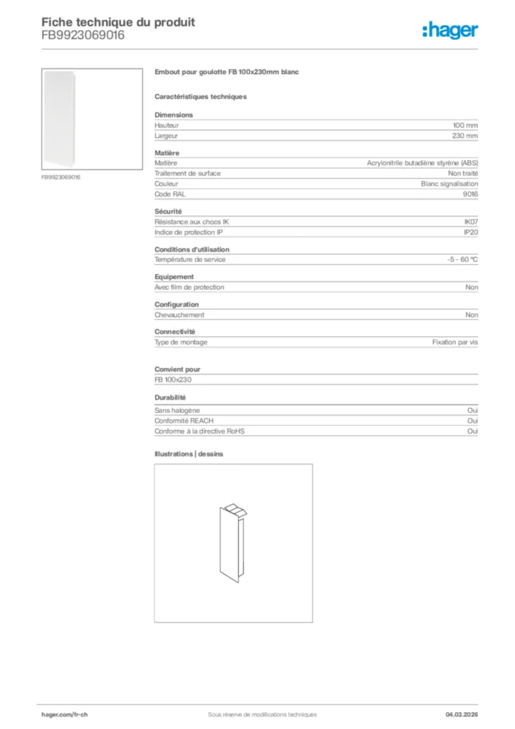 Image Hager Fiche technique du produit FB9923069016 | Hager Suisse