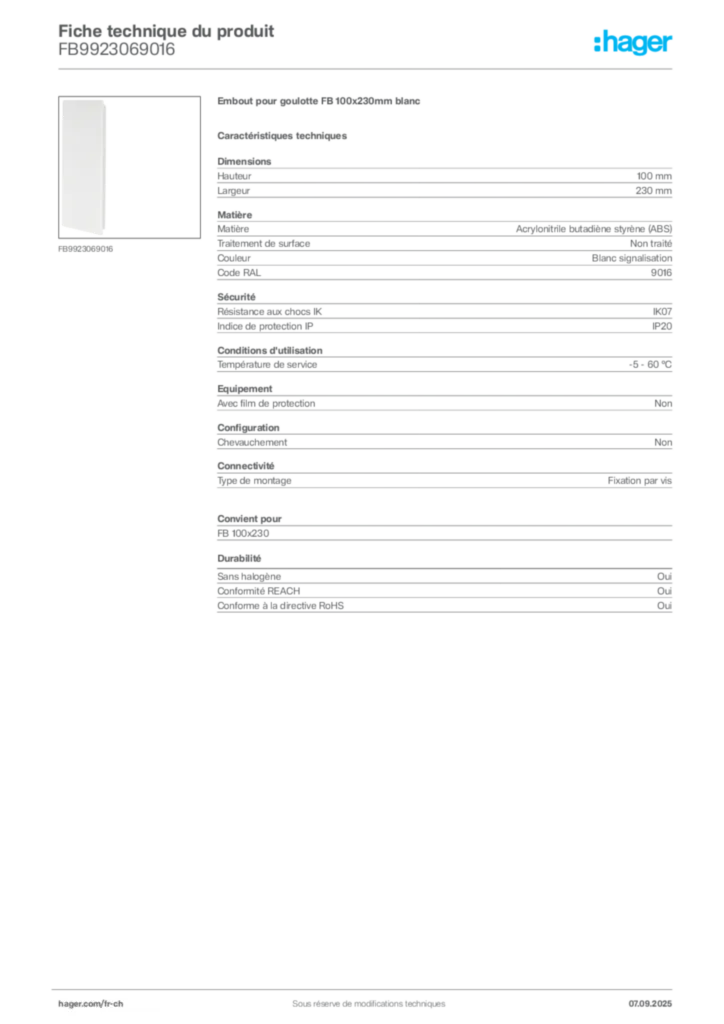 Image Hager Fiche technique du produit FB9923069016 | Hager Suisse