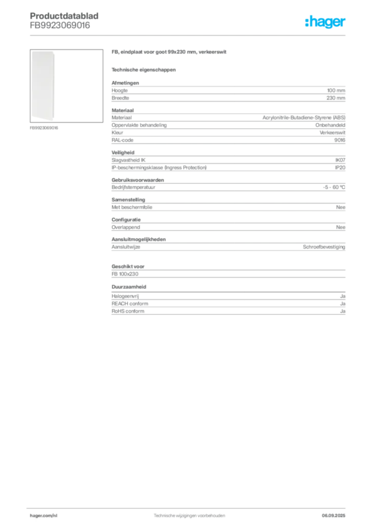Afbeelding Hager Productdatablad FB9923069016 | Hager Nederland