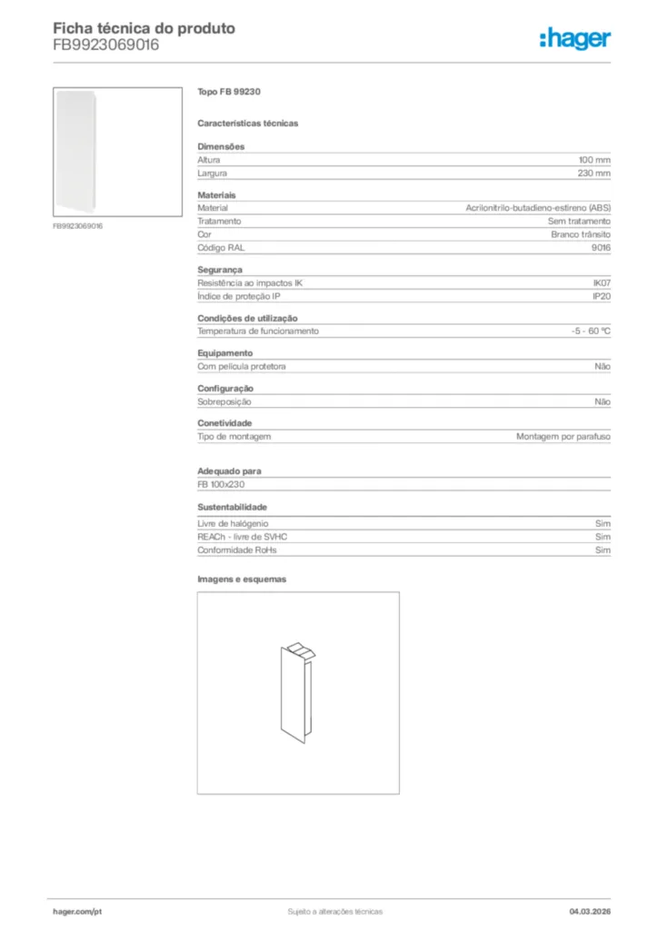 Imagem Hager Ficha técnica do produto FB9923069016 | Hager Portugal