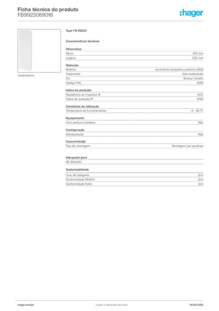 Imagem Hager Ficha técnica do produto FB9923069016 | Hager Portugal