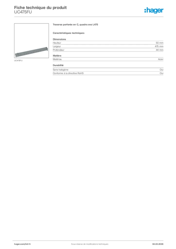 Image Hager Fiche technique du produit UC475FU | Hager Afrique
