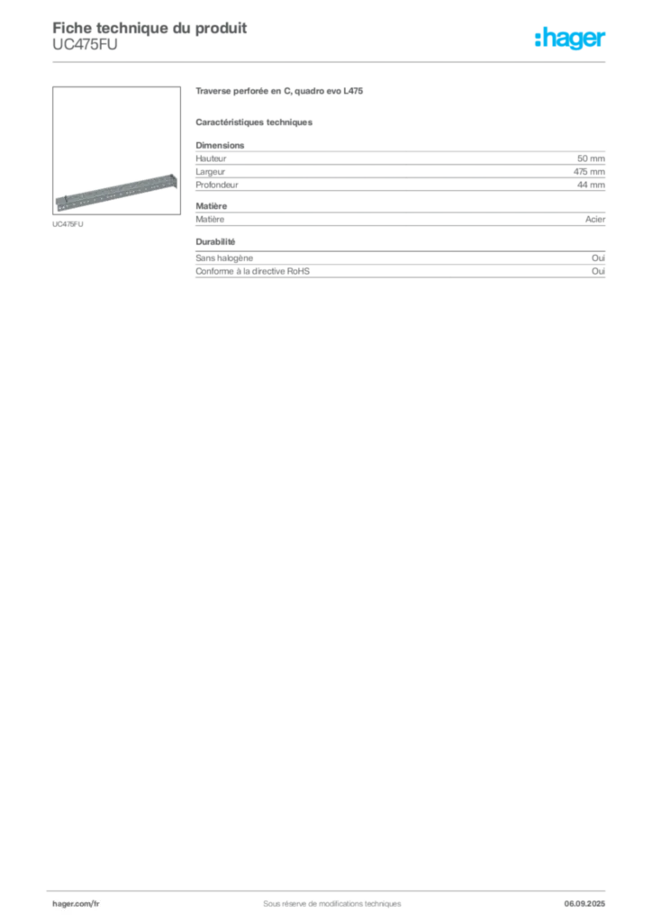 Image Hager Fiche technique du produit UC475FU | Hager France