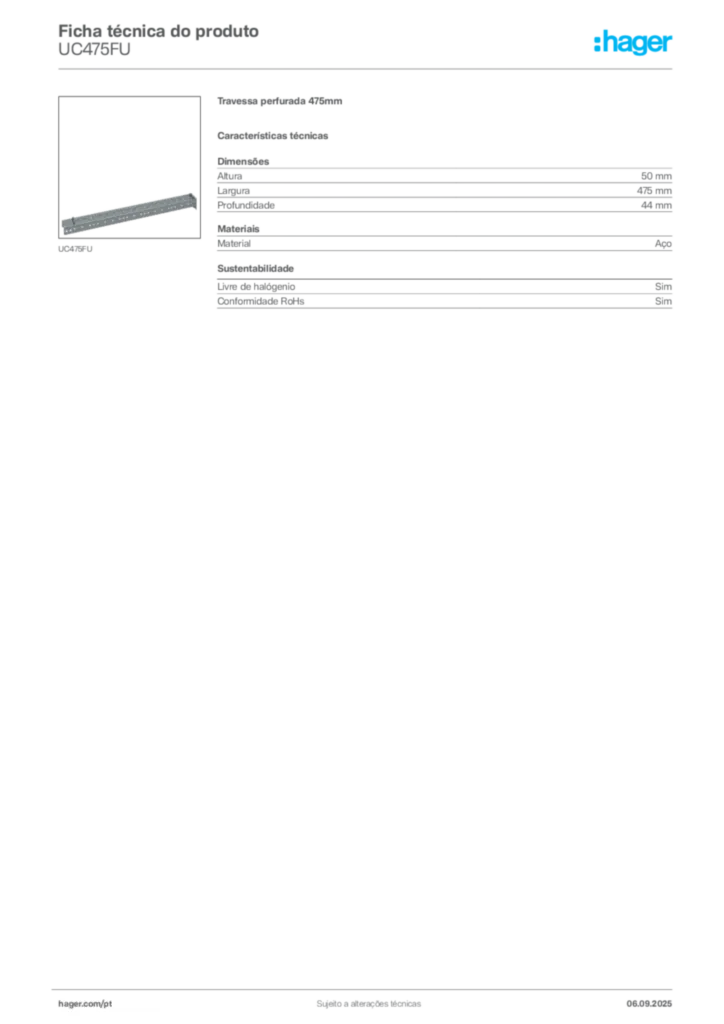 Imagem Hager Ficha técnica do produto UC475FU | Hager Portugal