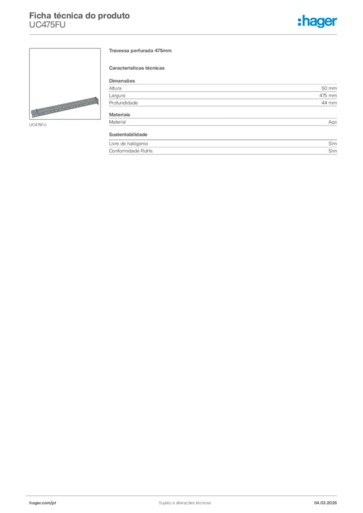 Imagem Hager Ficha técnica do produto UC475FU | Hager Portugal